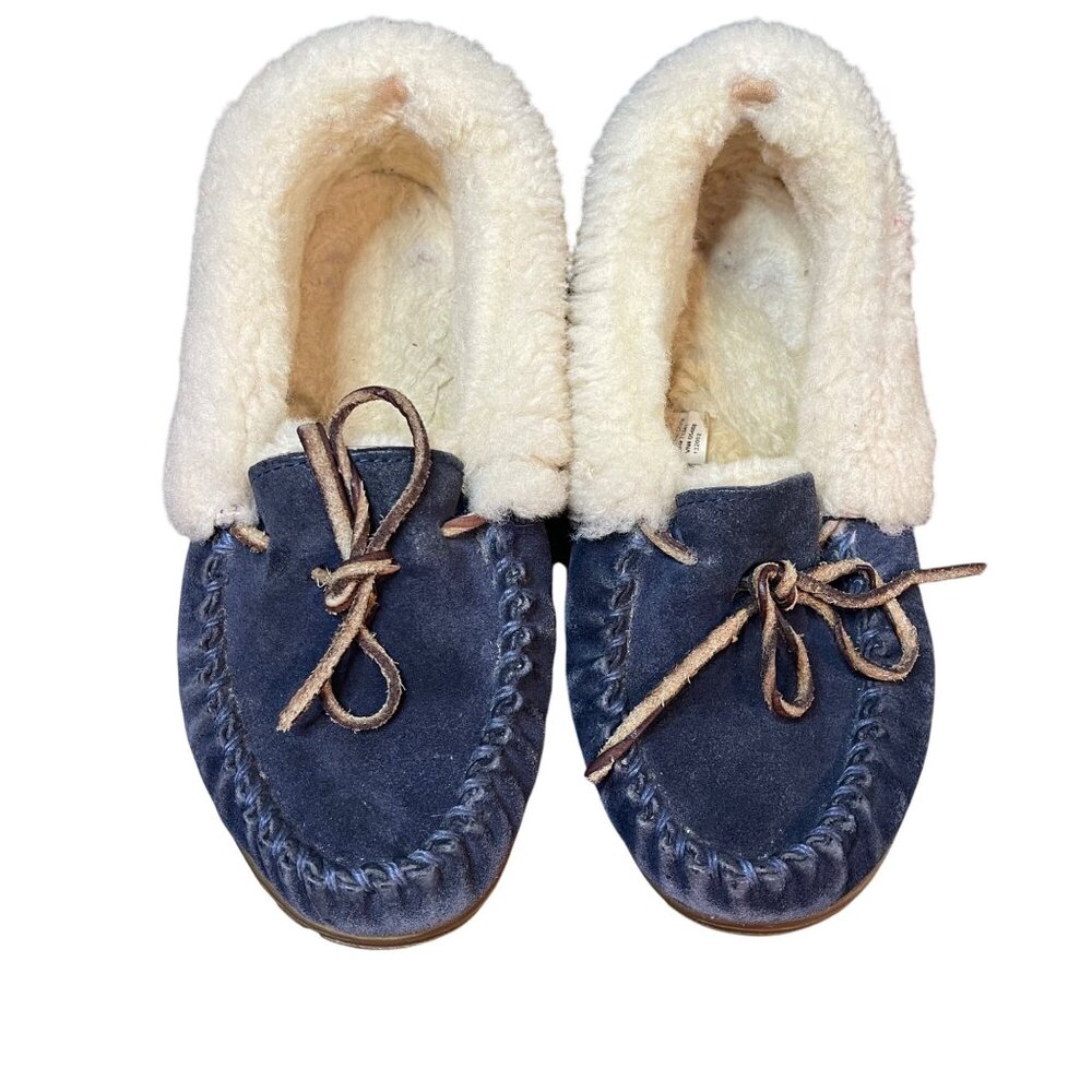 L.L.Bean Women's Wicked Good Moccasins Size 7 in Charcoal Blue Leather Shearling
